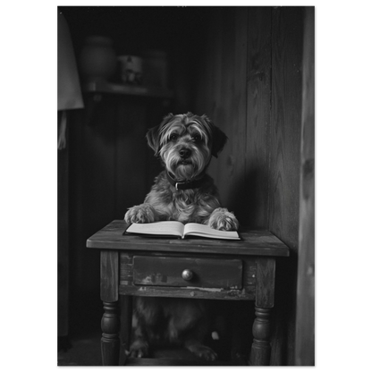 Humoristisk djurposter med hund i biblioteksmiljö, svartvitt fotografi med hög kontrast