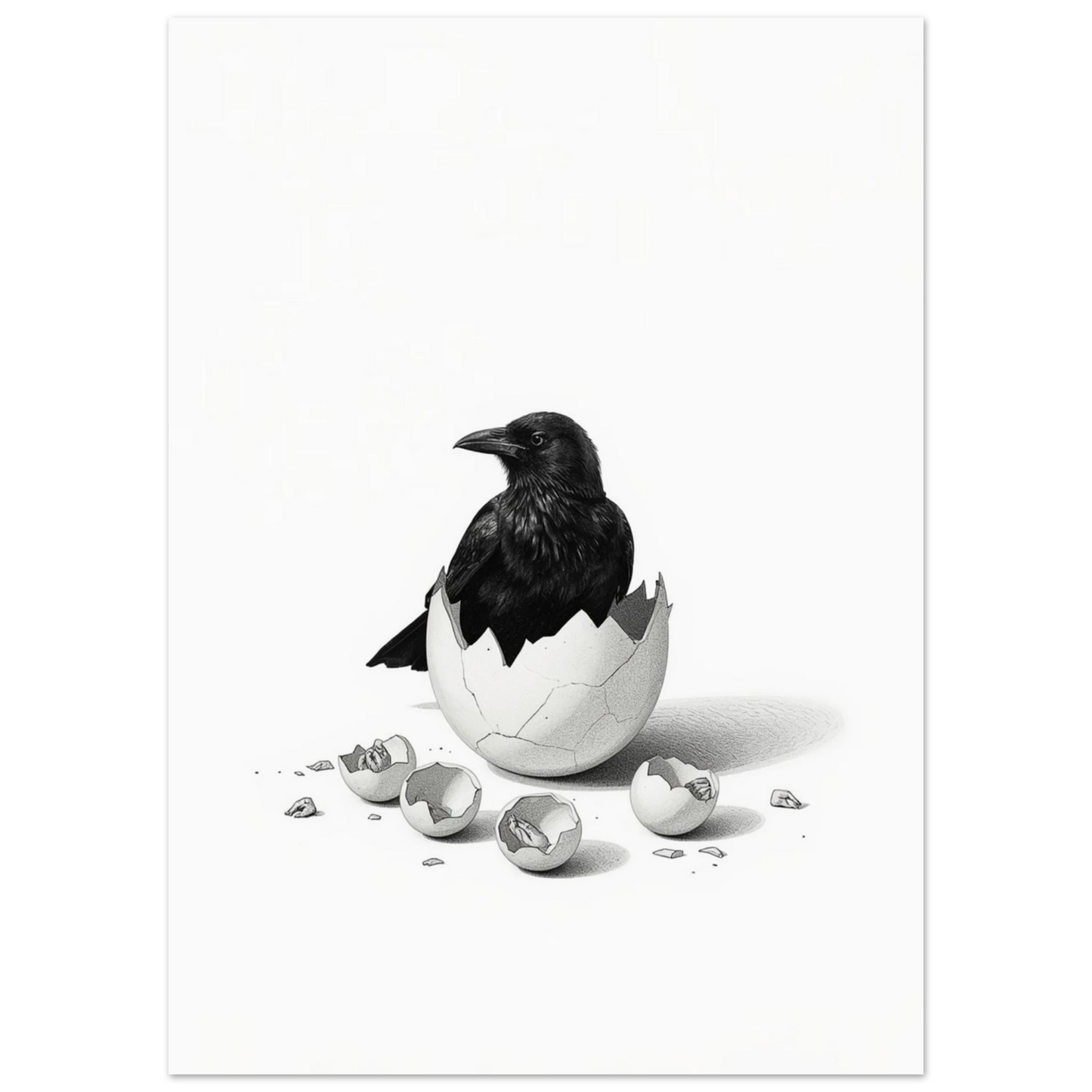 Närbild på korpunge i sprucket äggskal, minimalistisk djurposter i svartvitt