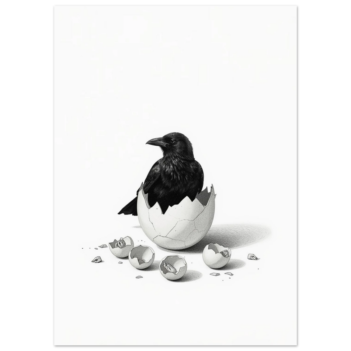 Närbild på korpunge i sprucket äggskal, minimalistisk djurposter i svartvitt