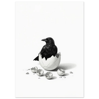 Närbild på korpunge i sprucket äggskal, minimalistisk djurposter i svartvitt