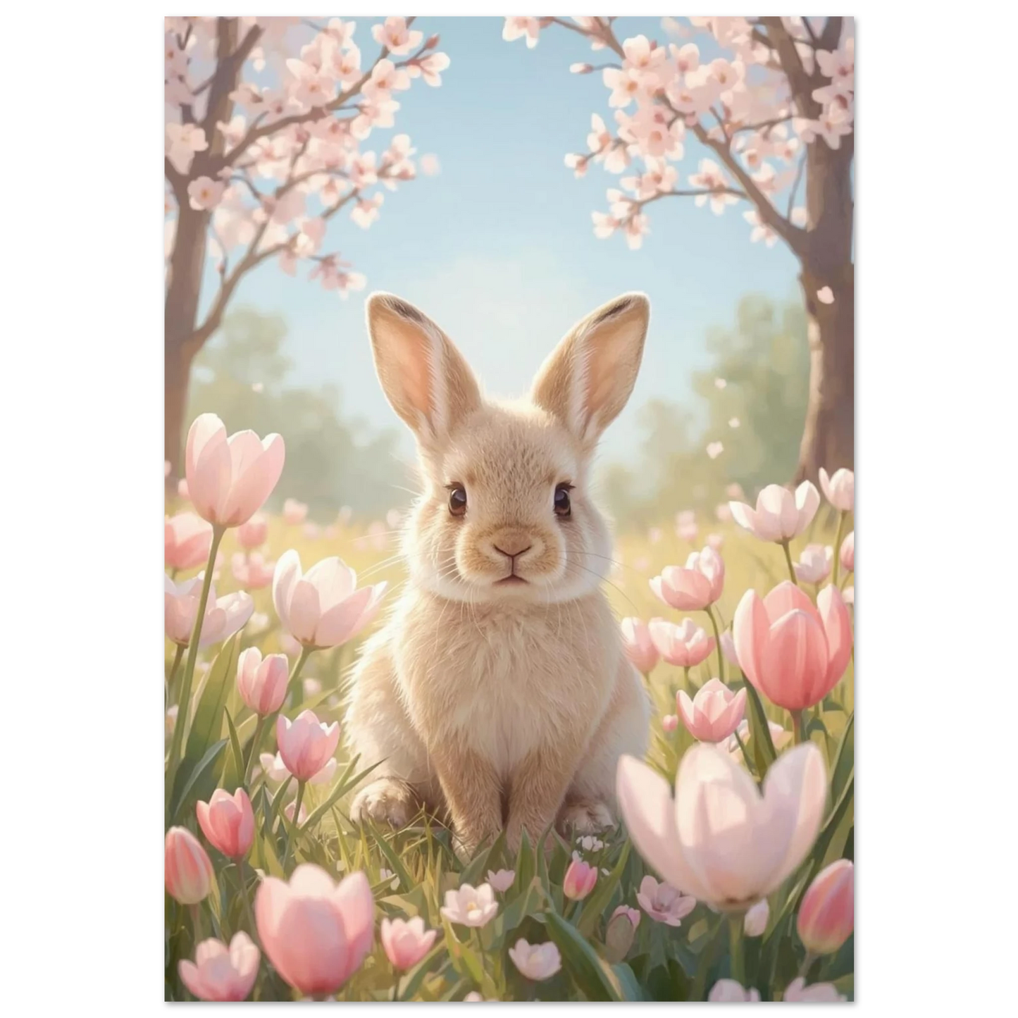 Ljusbrun kaninunge bland rosa tulpaner och blommande körsbärsträd, pastellfärgad illustration