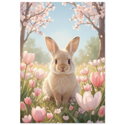Ljusbrun kaninunge bland rosa tulpaner och blommande körsbärsträd, pastellfärgad illustration