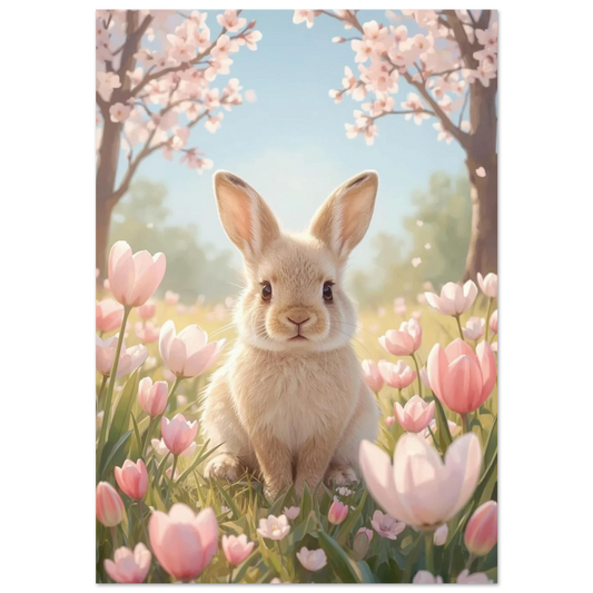 Ljusbrun kaninunge bland rosa tulpaner och blommande körsbärsträd, pastellfärgad illustration