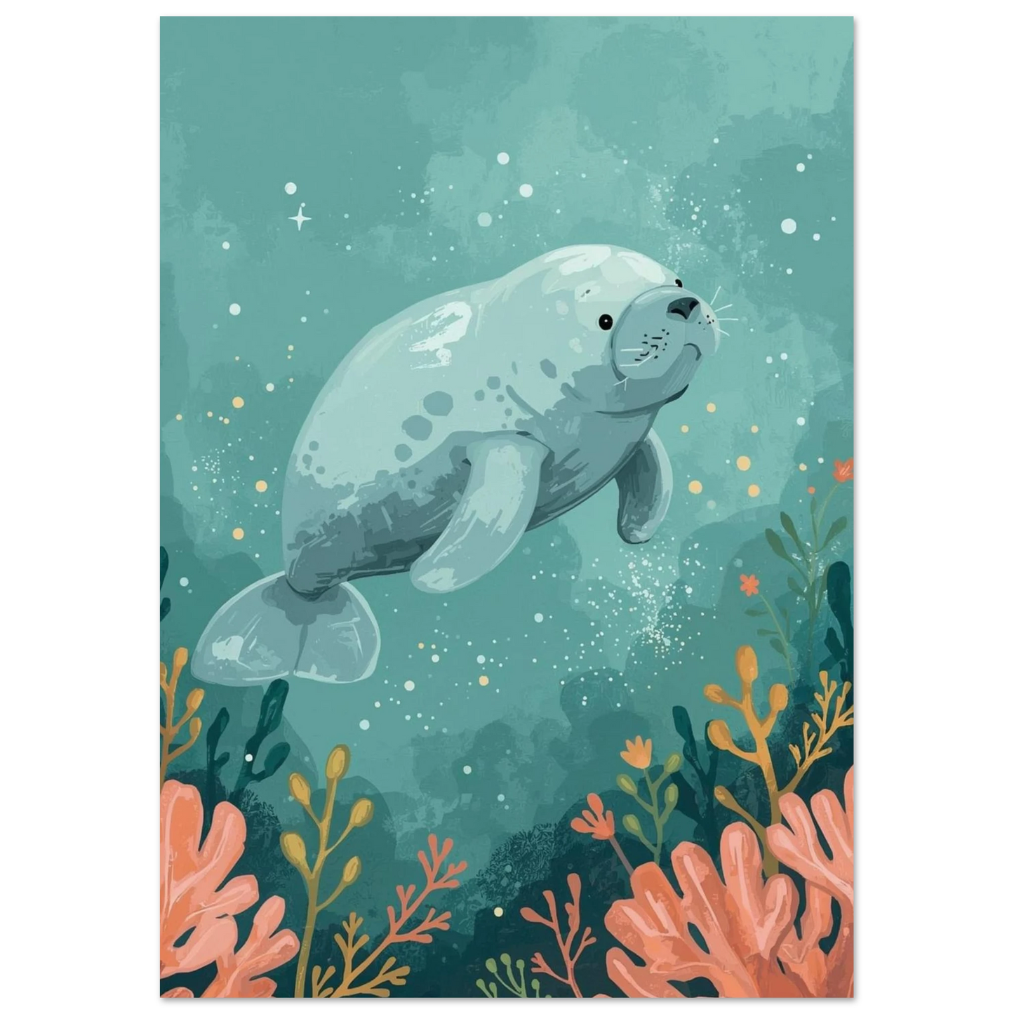 Manatens lugna simtur i ett drömskt undervattenslandskap – grafisk illustration