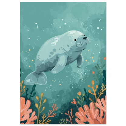 Manatens lugna simtur i ett drömskt undervattenslandskap – grafisk illustration