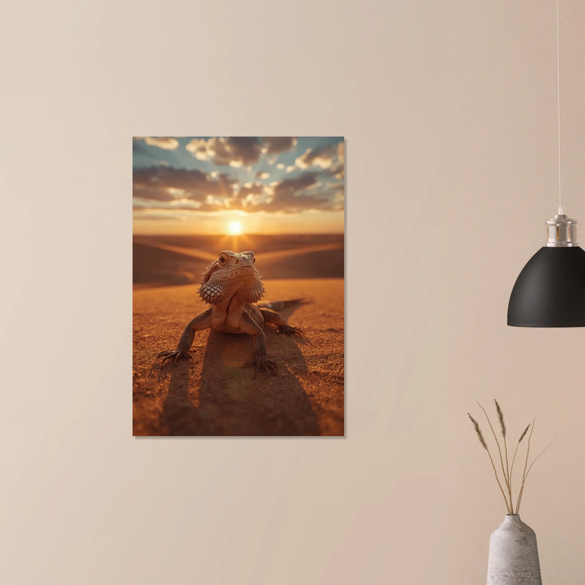 Detaljrik ödla som vilar på röd sand under en klar solnedgång – fotorealistisk poster