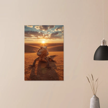 Detaljrik ödla som vilar på röd sand under en klar solnedgång – fotorealistisk poster