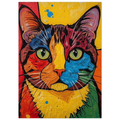 Närbild på en katt i expressionistisk stil med blå och röda färgfält