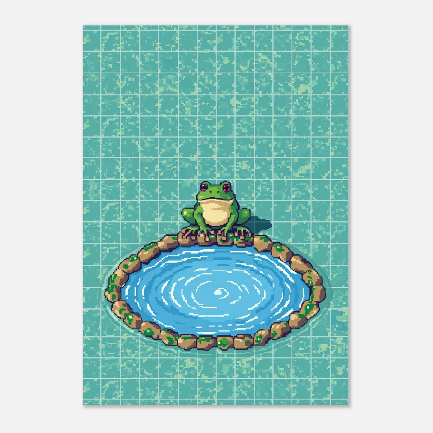 Grodans lugna reflektion i pixelstil, poster utan ram mot grå bakgrund