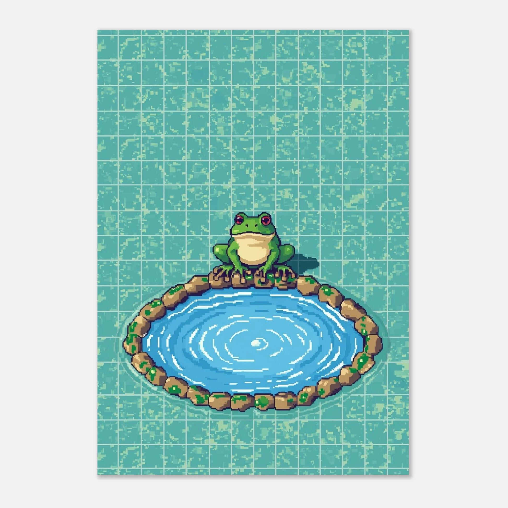Grodans lugna reflektion i pixelstil, poster utan ram mot grå bakgrund