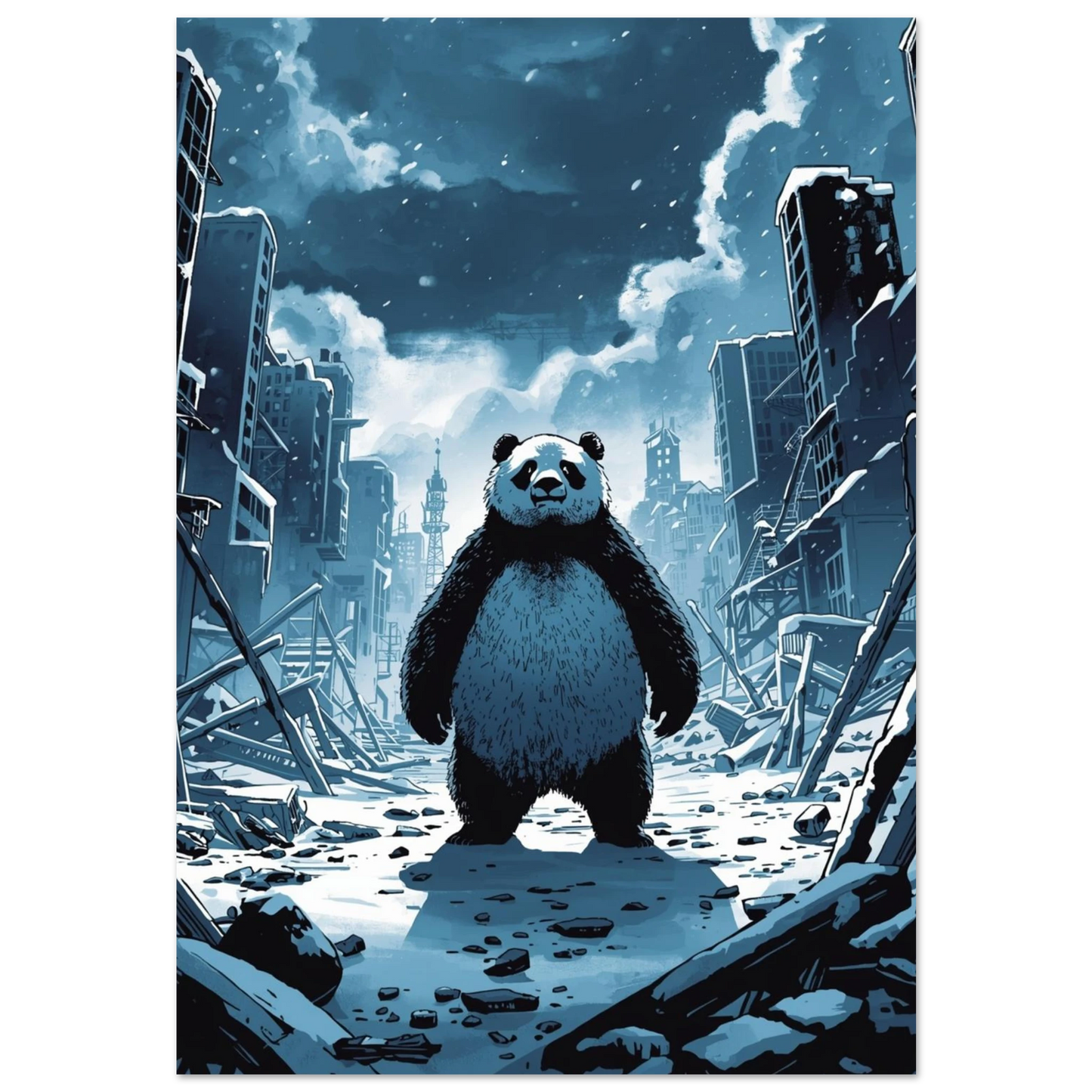 Svartvit panda i blåtonad ruinmiljö med snöfall – cinematisk djurposter