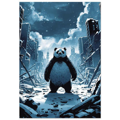 Svartvit panda i blåtonad ruinmiljö med snöfall – cinematisk djurposter