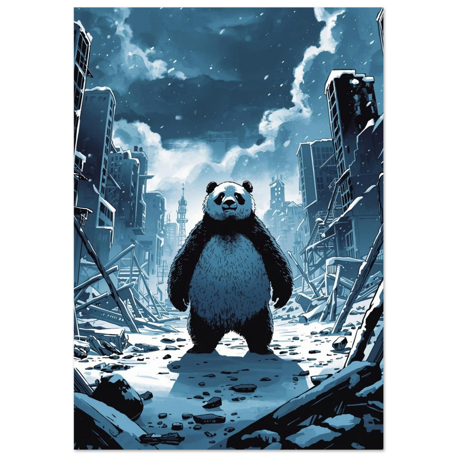 Svartvit panda i blåtonad ruinmiljö med snöfall – cinematisk djurposter