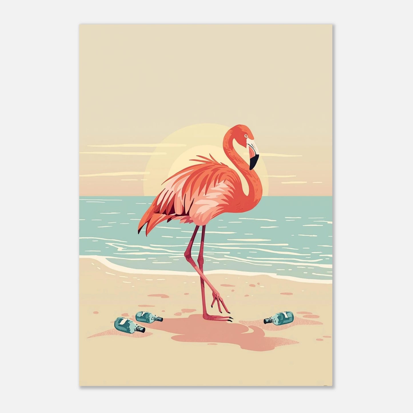 Stiliserad rosa flamingo vid havet med flaskpost, konstnärligt print