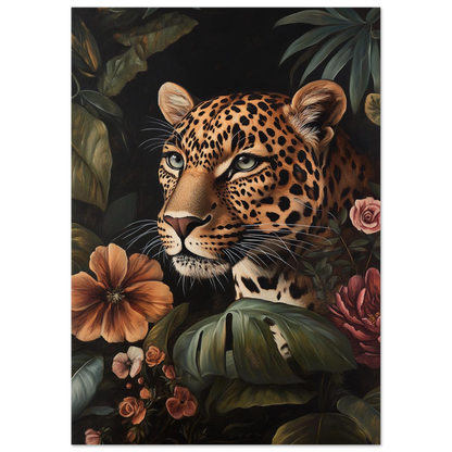 Målning av leopard med rosa rosor och monstera – botanisk väggkonst