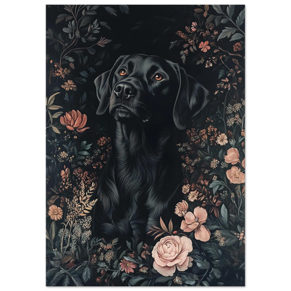 Målning av svart hund i botanisk miljö, jordnära toner och blomsterdetaljer