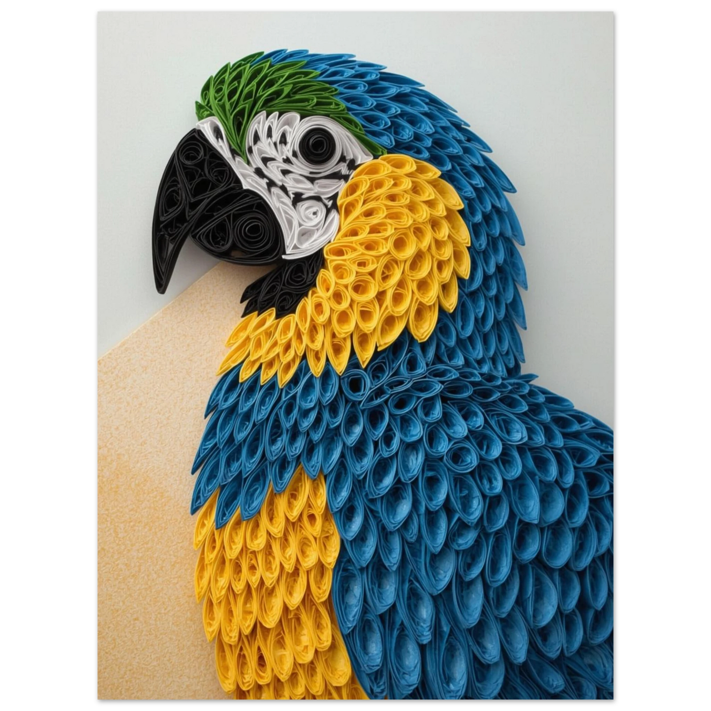 Färgstark väggkonst föreställande en papegoja i unik quilling-stil