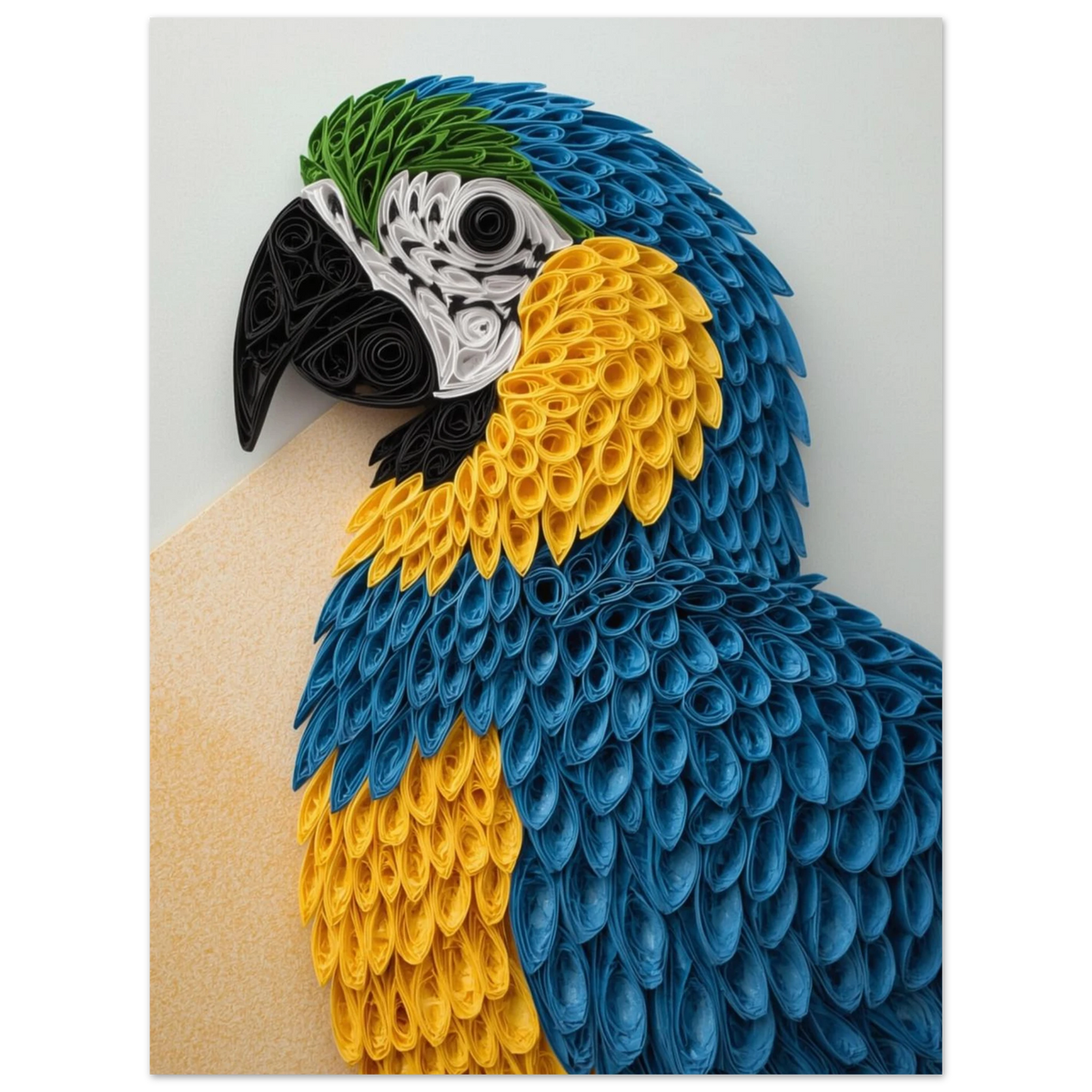 Färgstark väggkonst föreställande en papegoja i unik quilling-stil