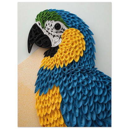 Färgstark väggkonst föreställande en papegoja i unik quilling-stil