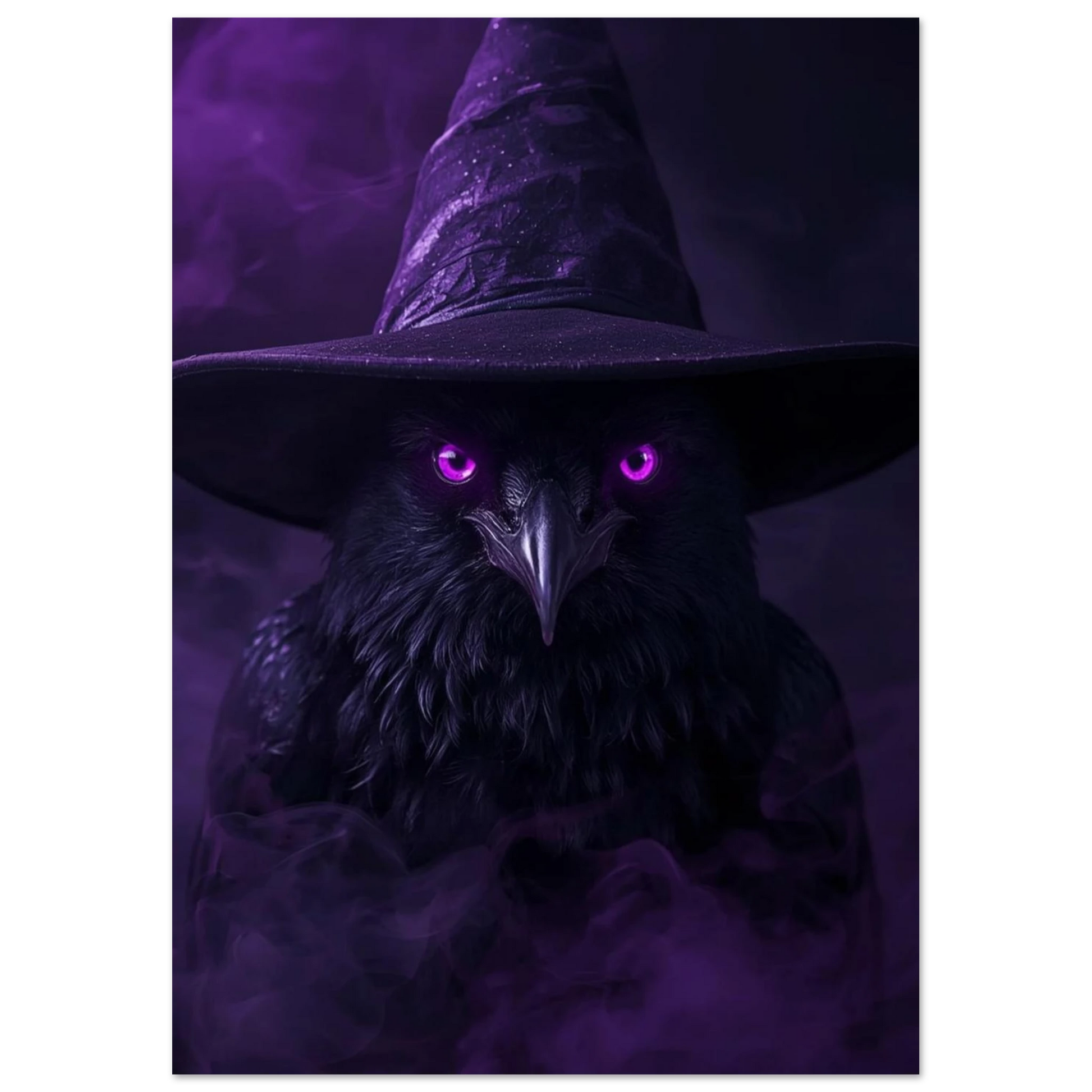 Mörk fantasy-poster med korp i hatt och lila rökpuffar