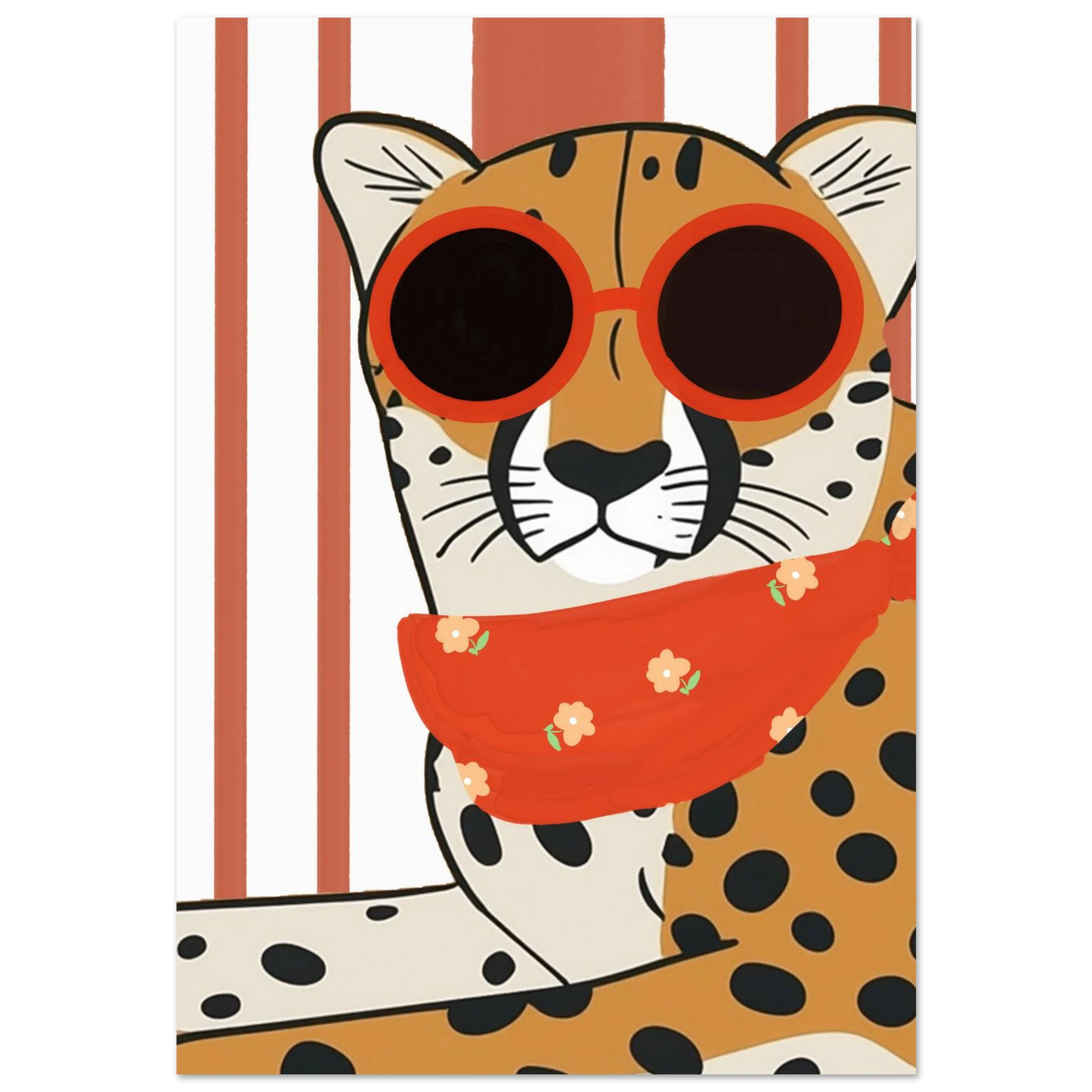 Gepard med röda solglasögon och blommig bandana – grafisk djurposter