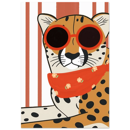 Gepard med röda solglasögon och blommig bandana – grafisk djurposter