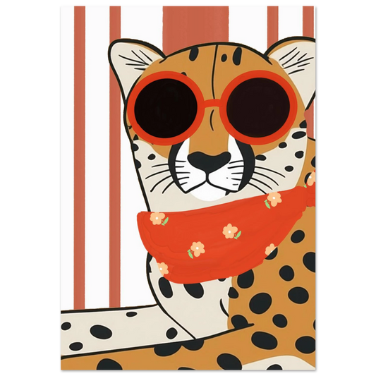 Gepard med röda solglasögon och blommig bandana – grafisk djurposter
