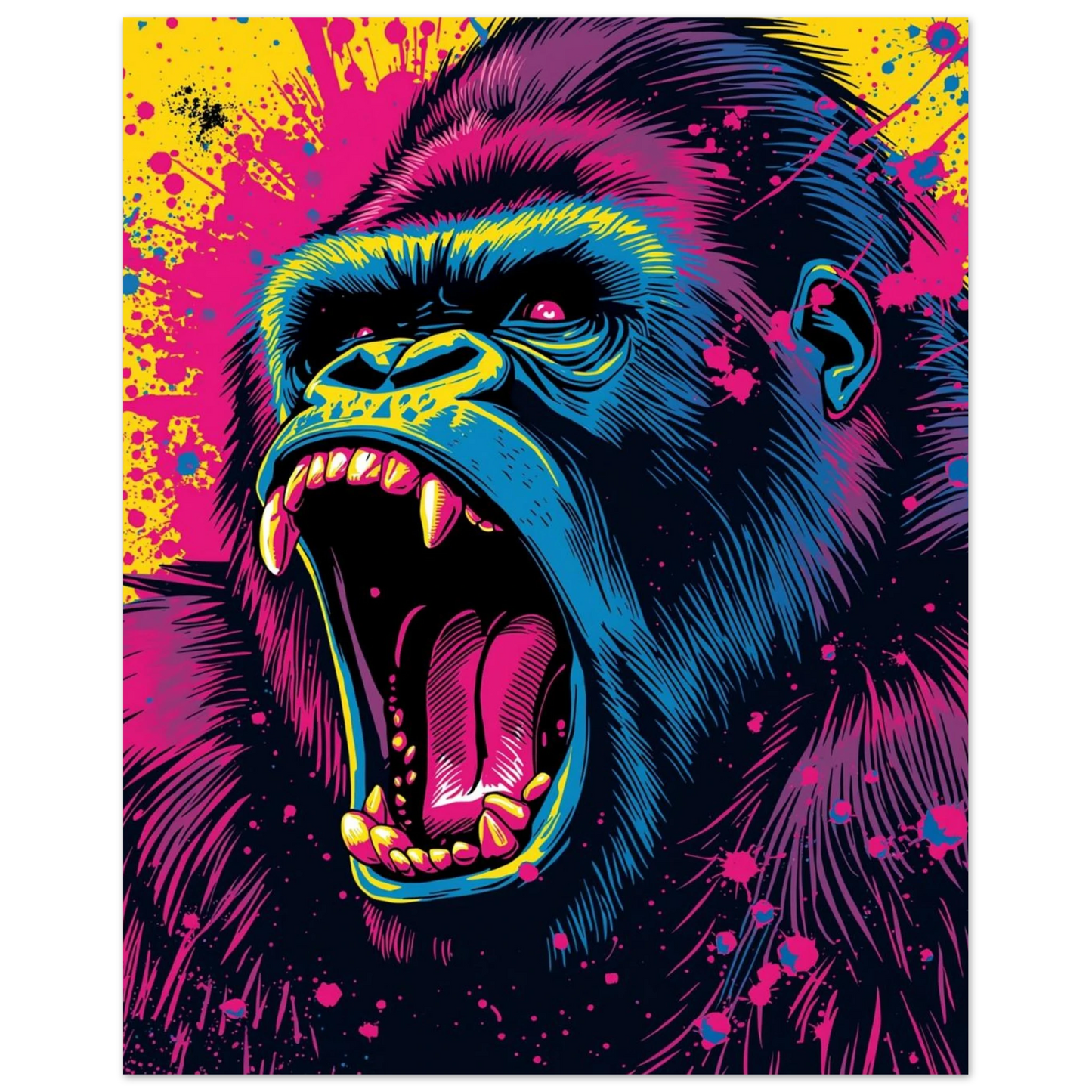 Popart gorilla med skarpa tänder och intensiv blick, färger i blå, rosa och gul neon – Tecknad poster