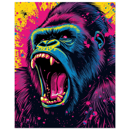 Popart gorilla med skarpa tänder och intensiv blick, färger i blå, rosa och gul neon – Tecknad poster