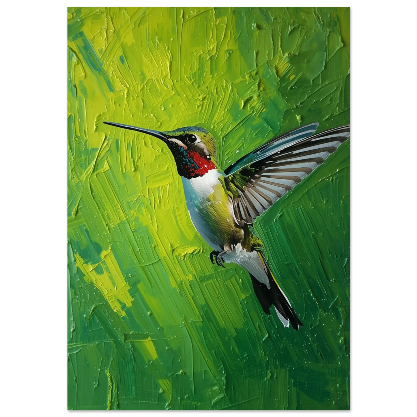 Kolibri i flykt mot limegrön bakgrund – texturerad oljemålning som poster