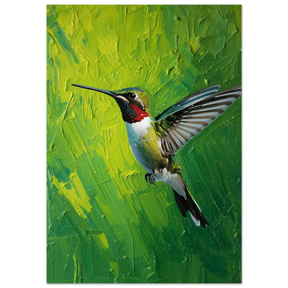 Kolibri i flykt mot limegrön bakgrund – texturerad oljemålning som poster