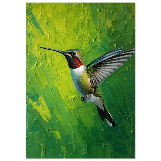 Kolibri i flykt mot limegrön bakgrund – texturerad oljemålning som poster