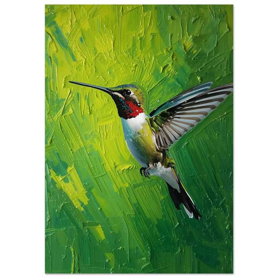 Kolibri i flykt mot limegrön bakgrund – texturerad oljemålning som poster