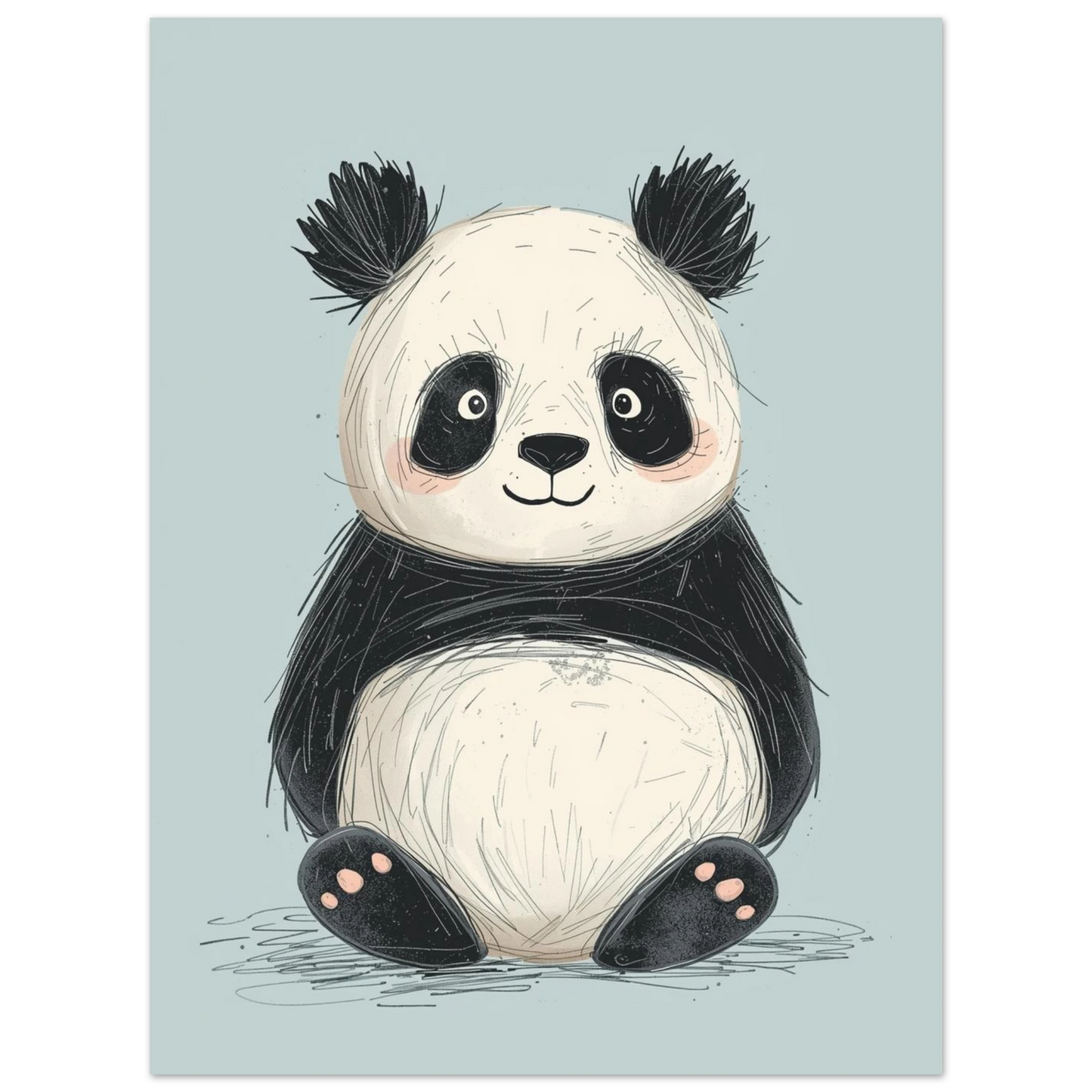 Barnrumstavla med en tecknad panda i harmoniska gråsvarta toner