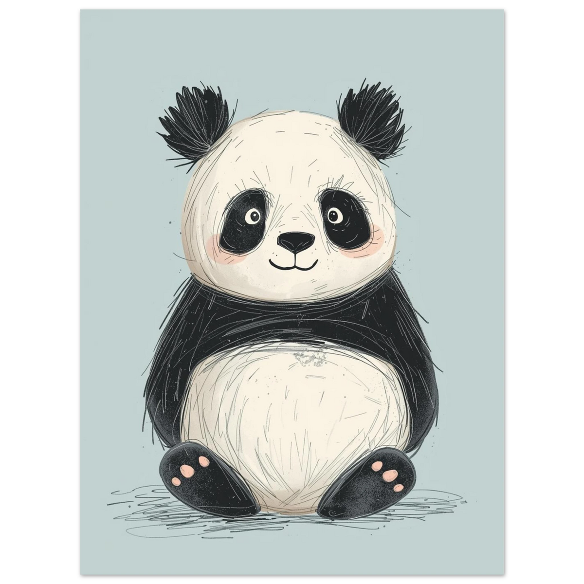 Barnrumstavla med en tecknad panda i harmoniska gråsvarta toner
