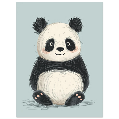 Barnrumstavla med en tecknad panda i harmoniska gråsvarta toner