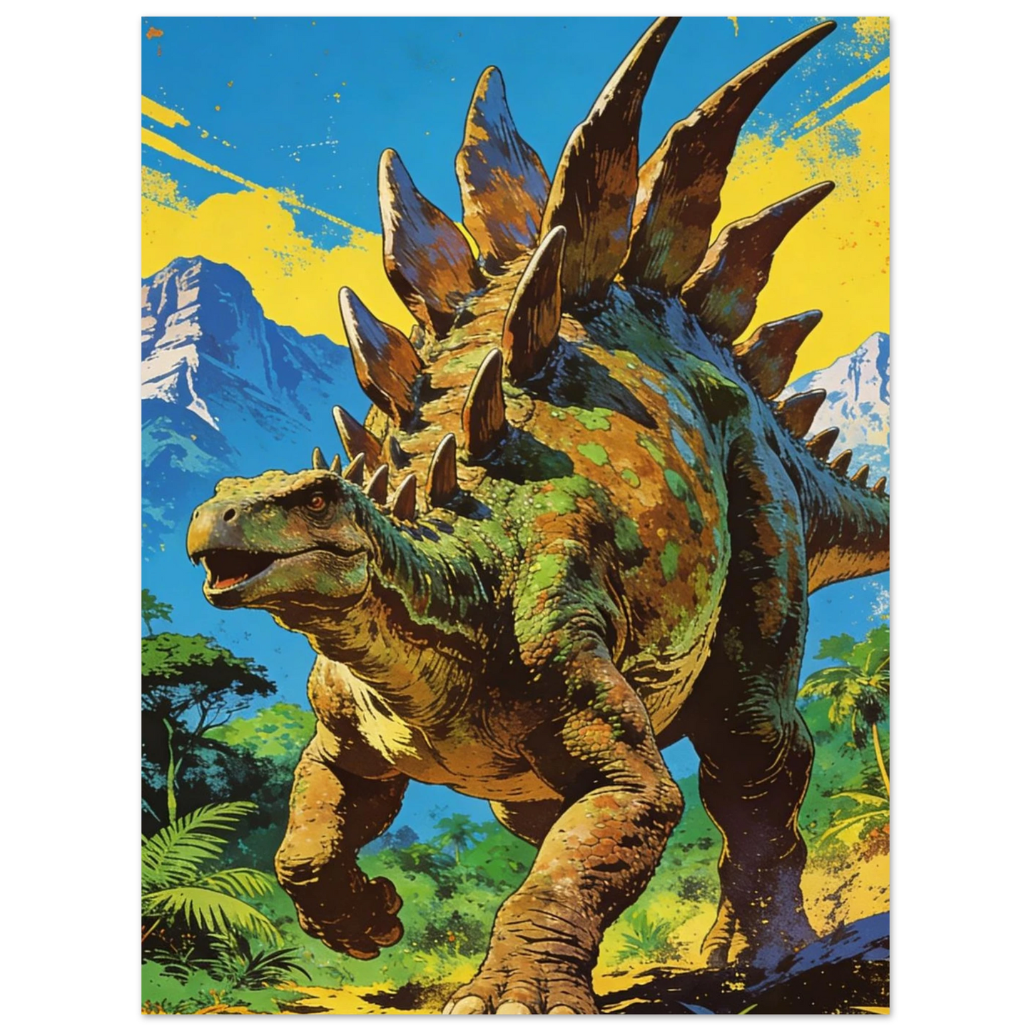 Närbild av retro Stegosaurus poster som framhäver dinosaurien och dess omgivning