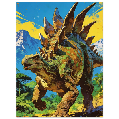 Närbild av retro Stegosaurus poster som framhäver dinosaurien och dess omgivning