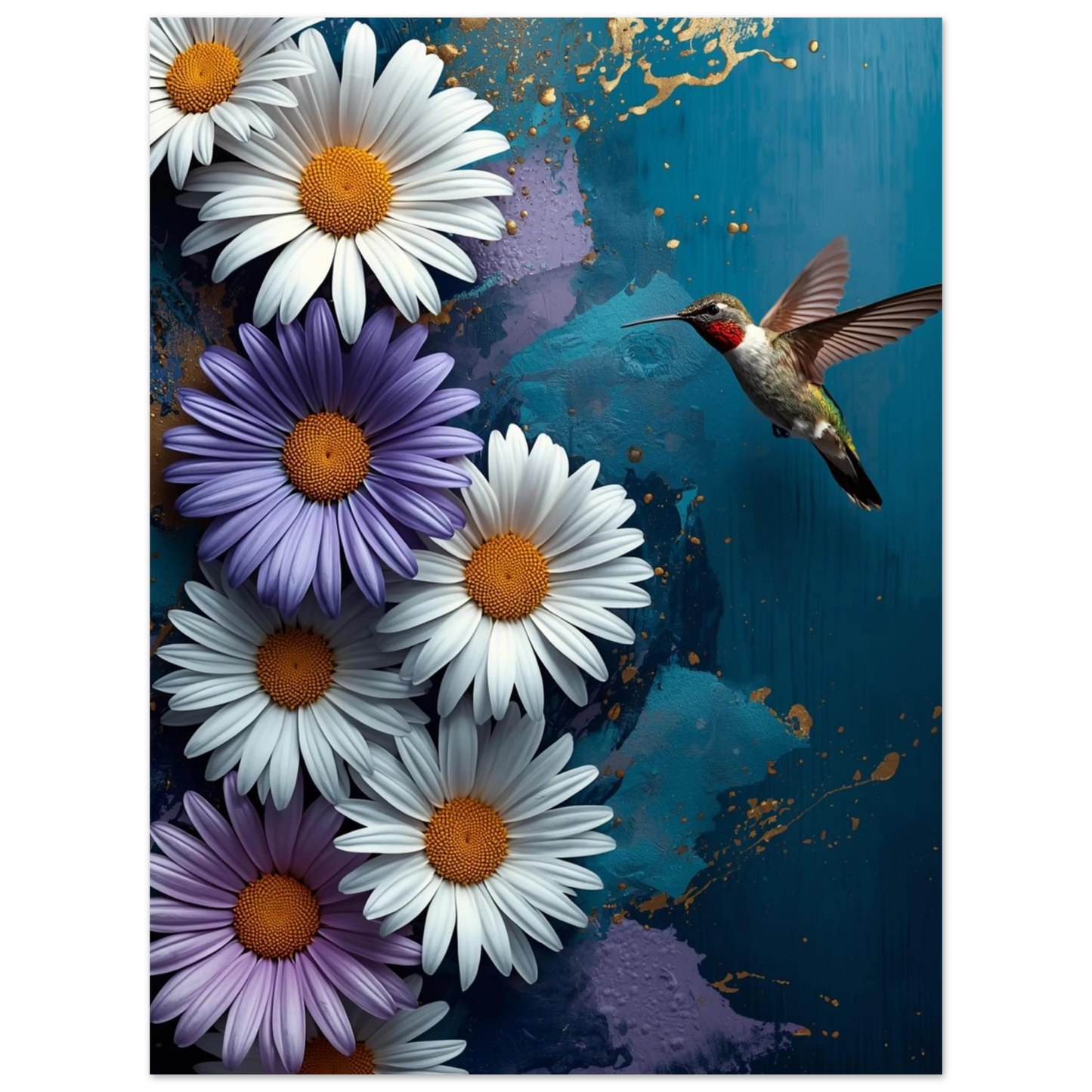 Abstrakt djurmotiv med en liten kolibri och blommor i lila och vitt