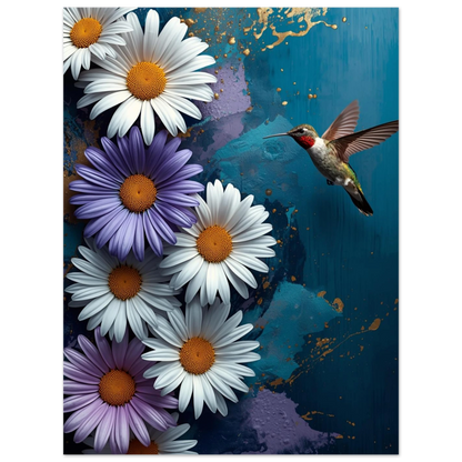 Abstrakt djurmotiv med en liten kolibri och blommor i lila och vitt