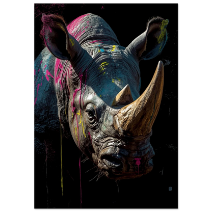 Noshörning med rosa färgstänk i modern street art-stil – djurposter
