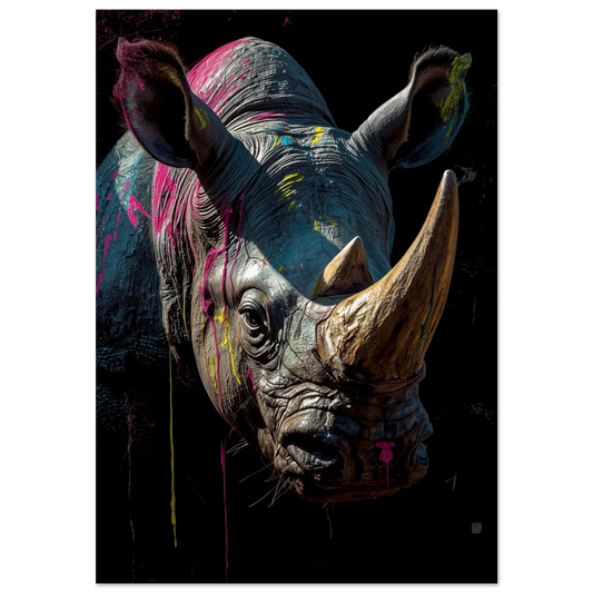 Noshörning med rosa färgstänk i modern street art-stil – djurposter
