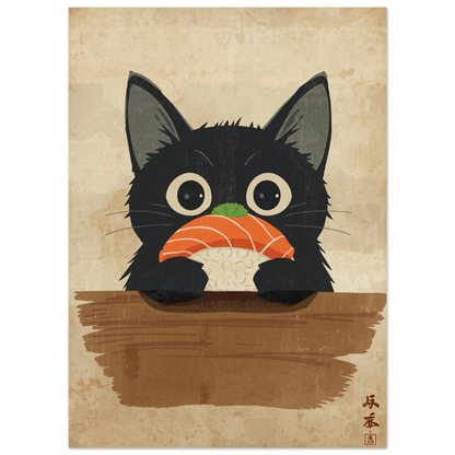 Svart katt med sushi och detaljerad bakgrundsfärg som framhäver katten – Tecknad poster