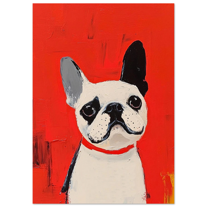 Konstnärlig djurposter föreställande en vit fransk bulldog med texturrika penseldrag