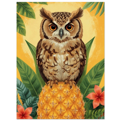 Tecknad uggla på en ananas med tropiska blad – tecknad poster