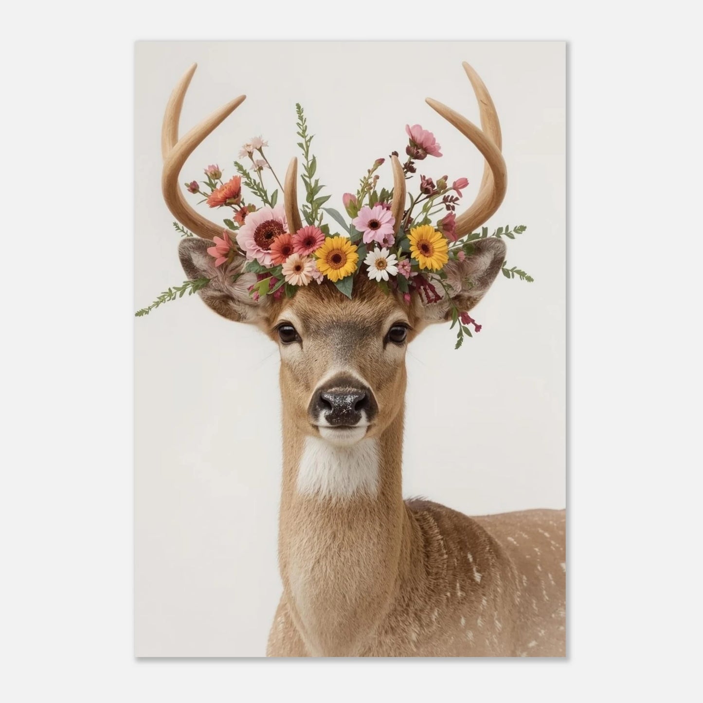 Djurposter med en hjort som bär en färgstark blomsterkrona, ljus komposition