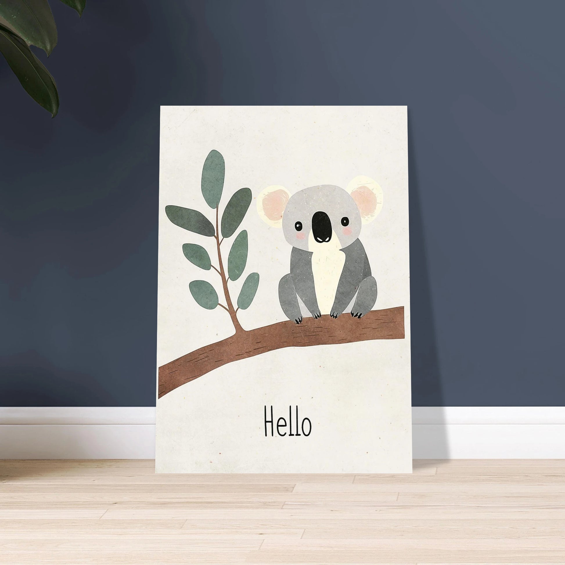 Söt koala på gren med texten "Hello", barnvänlig illustration.