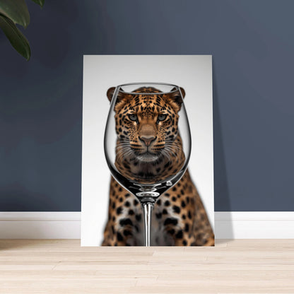 Leopardens ansikte genom ett vinglas, förvrängd och mystisk