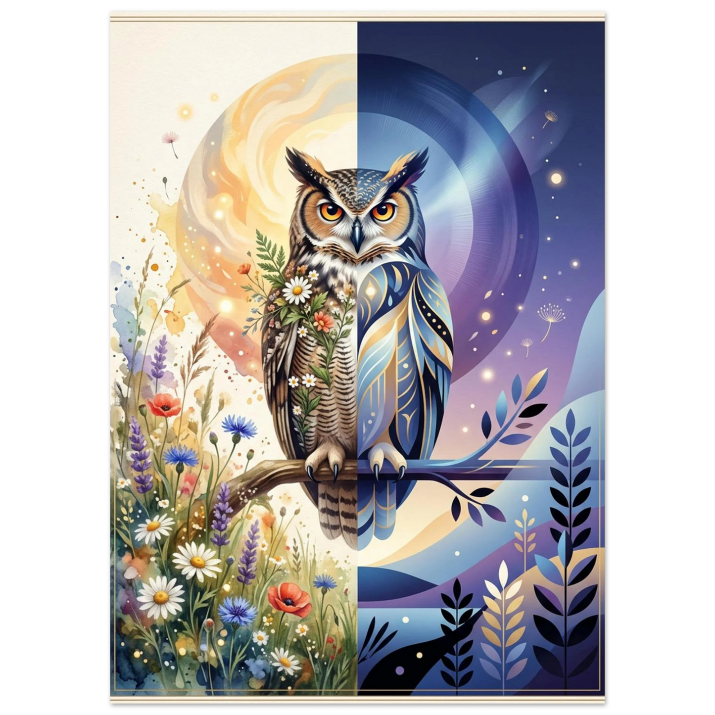 Konstnärlig uggleposter med färgstarka blommor och mörkblå nattlig grafik