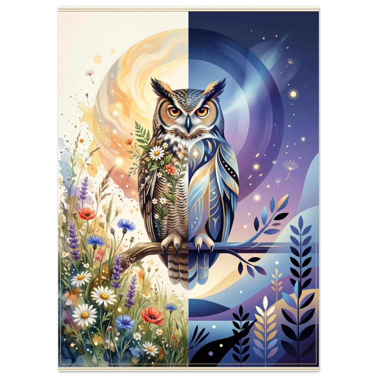 Konstnärlig uggleposter med färgstarka blommor och mörkblå nattlig grafik